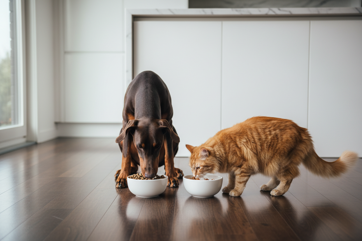 Doberman et chat roux aux bols